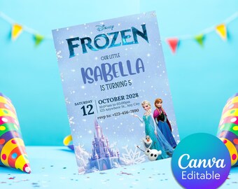 May include: A blue and white Frozen themed birthday invitation with a picture of Elsa and Anna from the movie. The invitation says "Our Little Isabella is turning 5" and includes the date, time, and location of the party. RSVP information is also included.