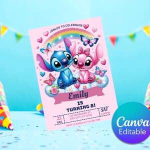 Modelo de convite de aniversário editável Stitch, convites para festa de aniversário para impressão, convite digital para festa infantil, convite digital para cartão de aniversário