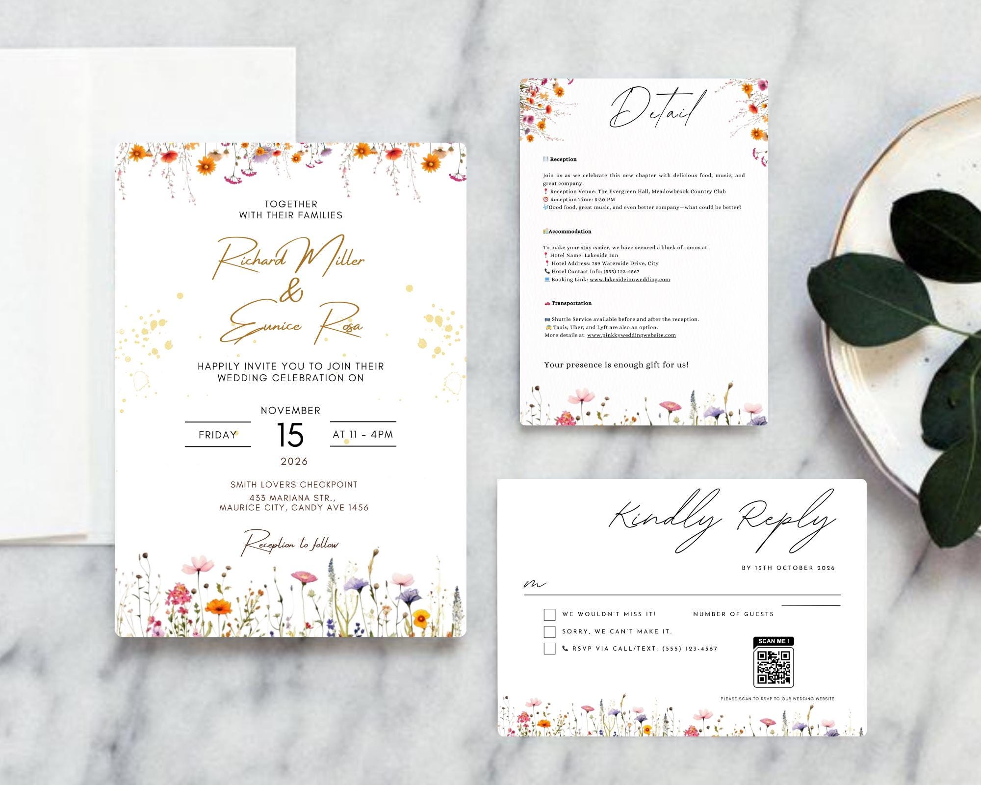Summer Wildflower Wedding Invitation Set, Whimsical Floral
