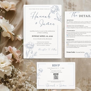 Minimalistische huwelijksuitnodigingbundel QR-code, minimale uitnodigingssjabloonset, moderne uitnodigingssuite, elegante online RSVP, detailskaart AT10