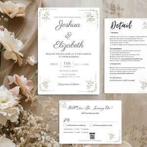 Minimalistische huwelijksuitnodigingbundel QR-code, minimale uitnodigingssjabloonset, moderne uitnodigingssuite, elegante online RSVP, detailkaart
