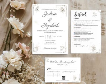 Minimalist Wedding Invitation Template, Modern QR Code RSVP (Digital Download)