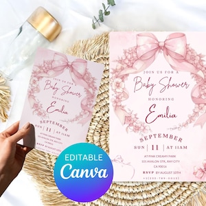 Pink Bow Baby Shower Invitation, Baby Girl Pink Coquette Baby Shower, Baby Shower Invitation, Girl Coquette Bow, Editable Canva Template