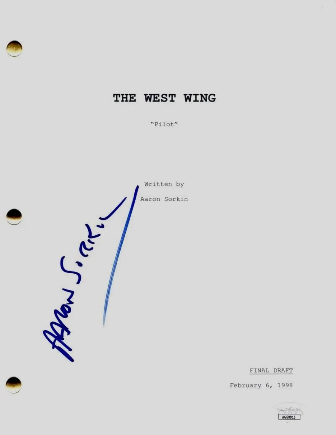 Aaron Sorkin Autographed Signed the West Wing Script JSA COA - Etsy