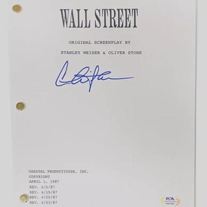 Anuncio de servicio público autografiado del guion de la película &quot;Wall Street&quot; de Charlie Sheen