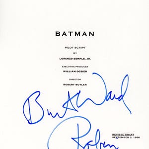 May include: A white page with the title "BATMAN" and the text "PILOT SCRIPT" followed by the names "LORENZO SEMPLE, JR." and "WILLIAM DOZIER" with the title "DIRECTOR" and the name "ROBERT BUTLER". The page is signed by Robert Butler and Lorenzo Semple Jr. with the text "REVISED DRAFT SEPTEMBER 3, 1996" and "GREENWAY PRODUCTIONS IN ASSOCIATION WITH TWENTIETH CENTURY - FOX TELEVISION, INC."