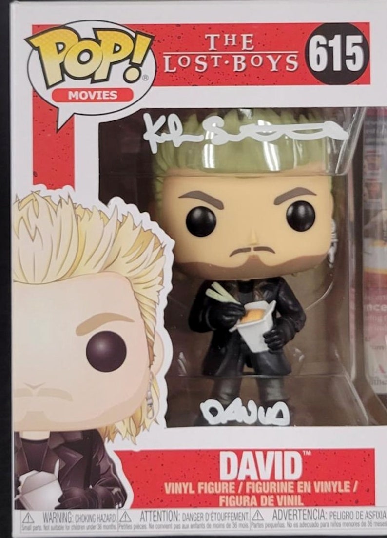 May include: A Funko Pop! vinyl figure of David from the movie "The Lost Boys." The figure is number 615 in the Pop! Movies series. David is depicted with green hair, a black coat, and is holding a takeout container with chopsticks. The box has the Pop! Movies logo.