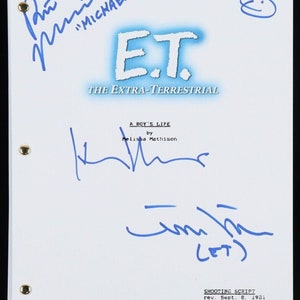 May include: A white shooting script for the movie "E.T. The Extra-Terrestrial" with signatures from the cast and crew, including Dee Wallace, Melissa Mathison, and Henry Thomas. The script is dated September 8, 1981.
