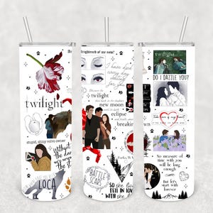 May include: White stainless steel tumbler featuring various graphics and text from the Twilight series. The design includes images of characters, quotes, and the word "twilight" in a stylized font. The tumbler has a straw and is designed for cold beverages.