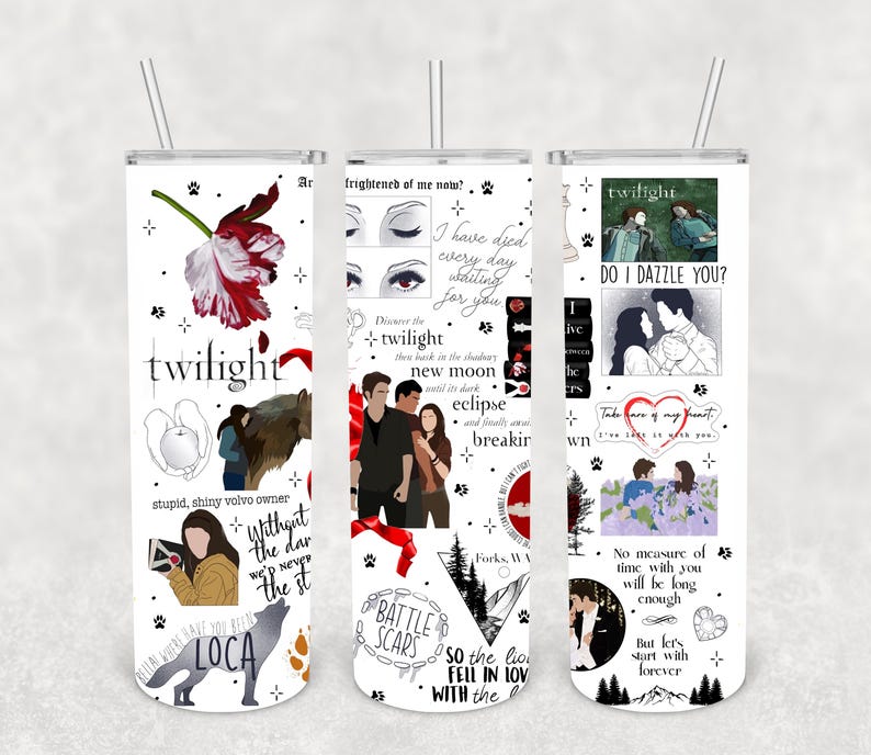 May include: White stainless steel tumbler featuring various graphics and text from the Twilight series. The design includes images of characters, quotes, and the word "twilight" in a stylized font. The tumbler has a straw and is designed for cold beverages.