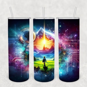 May include: Three stainless steel tumblers with colorful, abstract designs. The designs feature a galaxy-like background with a figure in the center of the middle tumbler.