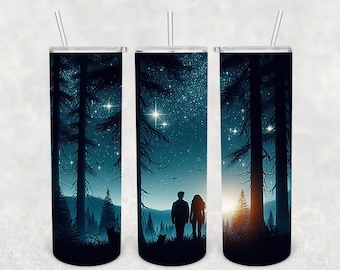 May include: Three stainless steel tumblers with a dark blue and black design featuring a silhouette of a couple standing in a forest with a starry night sky.