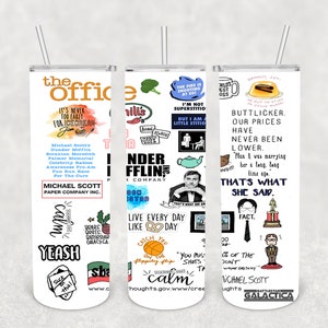 May include: Three white tumblers with different designs featuring quotes and images from the popular television show "The Office".