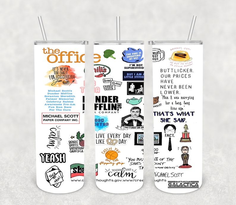 May include: Three white tumblers with different designs featuring quotes and images from the popular television show "The Office".