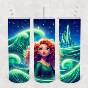 May include: Three stainless steel tumblers with a green and blue design featuring a cartoon image of a red-haired girl with a green dress and a castle in the background.