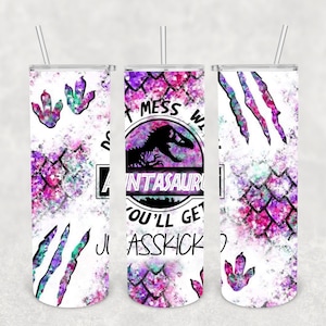 May include: Three white tumblers with a pink, purple and green watercolour design. The centre tumbler has the text "Don't mess with a Intasaur you'll get asskicked".