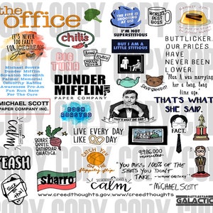 May include: A colorful collage of stickers featuring quotes and images from the popular television show "The Office". The stickers feature characters like Michael Scott, Dwight Schrute, and Jim Halpert, as well as iconic phrases like "That's what she said" and "Bears. Beets. Battlestar Galactica."