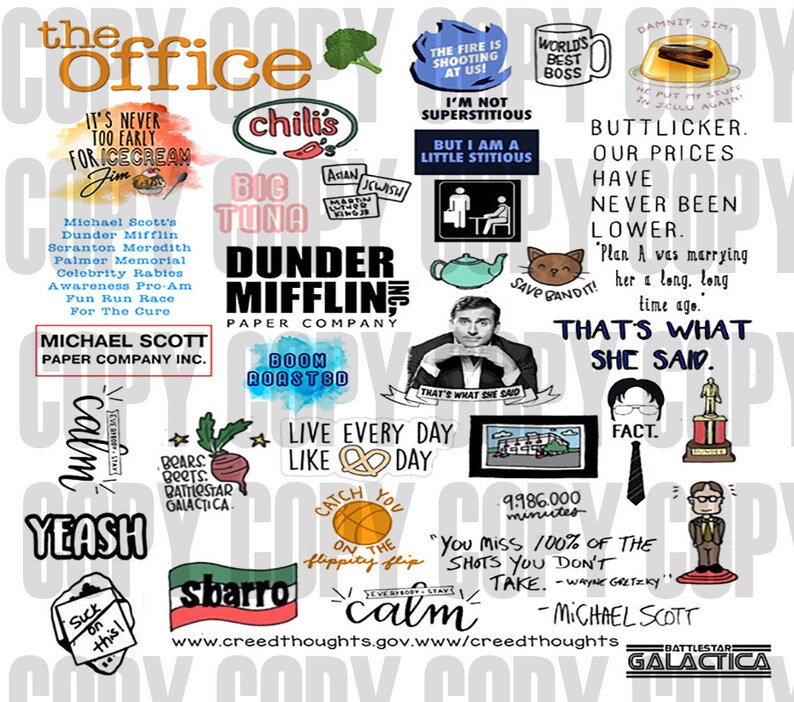 May include: A colorful collage of stickers featuring quotes and images from the popular television show "The Office". The stickers feature characters like Michael Scott, Dwight Schrute, and Jim Halpert, as well as iconic phrases like "That's what she said" and "Bears. Beets. Battlestar Galactica."