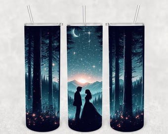 May include: Three stainless steel tumblers with a forest and starry night scene. The scene features a couple silhouetted against a sunset with a crescent moon in the sky.