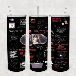 May include: Three black and white tumbler cups with various quotes and images from the TV show The Vampire Diaries. The quotes include "The Vampire Diaries", "The Mystic Grill", "Salvatore 1864", "Keep Calm and Drink Vervain", "Straight Outta Mystic Falls", and "Timberwolves".
