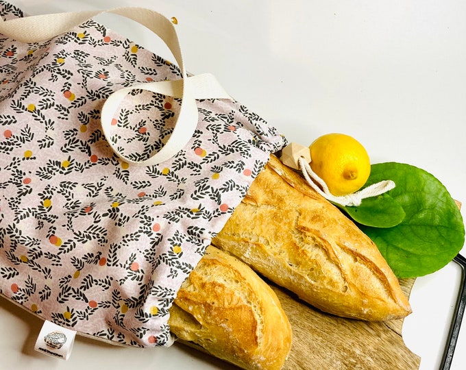 Cotton and linen baguette bag for transporting and preserving bread up to 3 baguettes