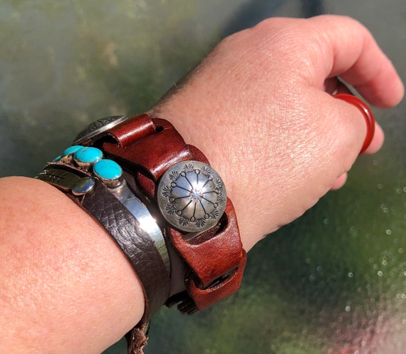 Vintage cognac leather Concho bracelet snap closu… - image 2