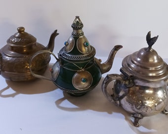 MOROCCAN EMBOSSED METAL Three Teapots- Antique Silver Plated and Brass and Enameled Tea Pot- W/Engraved Decoration -