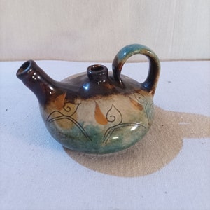 Vintage Szilágyi Mária Ceramic Oil Lamp - Hungarian Studio Pottery Glazed Candle Holder (1950s-1970s) 4 1/3&quot;