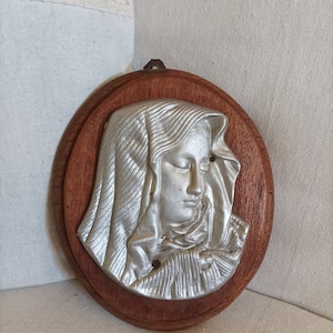 BLESSED MARY PLAQUE 9&quot; Silver Colored Wall -Vintage Religious Madonna -Virgin Mary Image Face Relief Christian Decor Religious Art