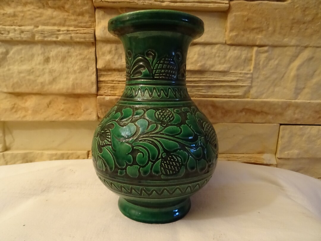 GREEN CERAMIC FLOWER Vase 7 folk Pitcher Original Etsy