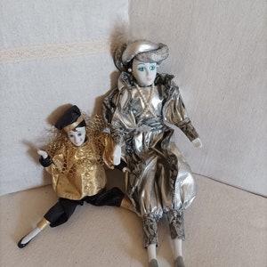 HARLEQUIN CLOWN BOY 10&quot;  and Girl 14&quot;--Gold  White Silver dress- Posable- Art Deco statue Theatre Carnival -Pierrot Clown - Crying-Eyes