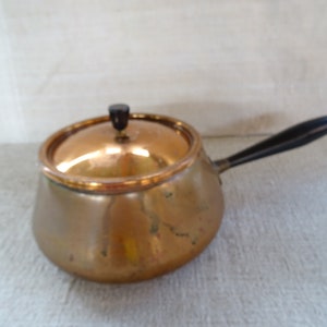 Vintage Copper Saucepan with Lid - Small Traditional Cooking Pot with Black Handle 3.15&quot; - Mid-Century Farmhouse-Rustic - Bohemian Kitchen