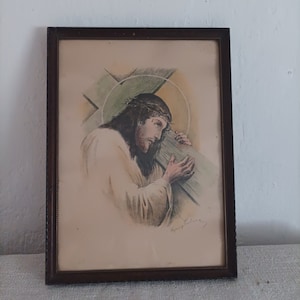 PRINT Of JESUS CROSS  15 X 11&quot; Antique Catholic Litho Art - Wooden Framed Picture-  Christian God Religious Artwork Picture-Signed