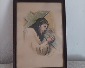 STAMPA di JESUS CROSS 15 X 11" Antique Catholic Litho Art - Immagine incorniciata in legno - Christian God Religious Artwork Picture-Signed