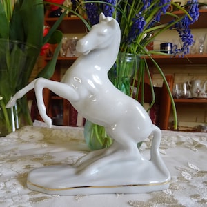 PORCELAIN WHITE HORSE 8&quot; -Vintage Art Deco Hungarian Porcelain- White Horse Statue- Stamped Artwork-Wildpferd -Wild Horse Figurine sculpture