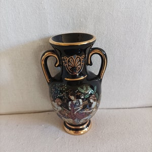 BRIGHT BLACK PORCELAIN Vase 4 3/4&quot;  Ancient Greek- God Mythology-  - Gold Trim-  Historical Greek Art Vintage Vintage Amphora