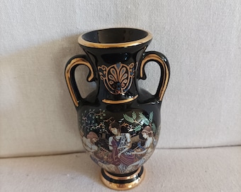 BRIGHT BLACK PORCELAIN Jarrón 4 3/4" Griego antiguo- Dios Mitología- - Oro Trim- Arte griego histórico Vintage Vintage Amphora