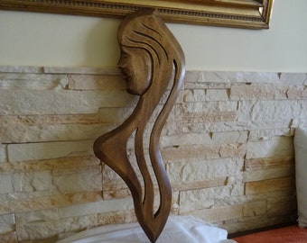 WOODEN Wall PLAQUE  Height: 25 1/2" Woman Shaped Wall Art, Wall Hanging, Vintage hand Made Hand Carved Girl Figurine, Farmhouse Wall Decor