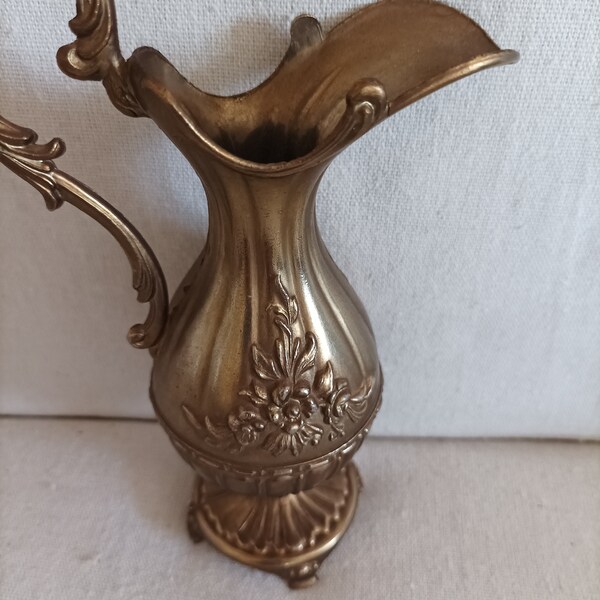 Art Nouveau Handled Metal Vase 7"  Floral Pattern Rustic Tin Vase Brass Plated Ornate Pitcher Gothic Style Unique Collectible Centerpiece