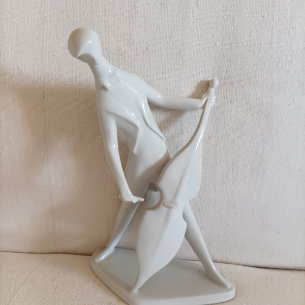 VINTAGE PORCELAINE FIGURINE 8 2/3" Art Deco Zsolnay Violoncelliste, Violoncelliste Violoncelliste- Porcelaine Statue- Estampillé Sculpture-Blanc Figurine