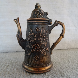 MINIATURE BRASS PITCHER  Decor 4 3/4&quot; Vintage Engraved -Decorative Hammered Copper -Elegant Handle -Unique Detailed- Work Of Art- Antique
