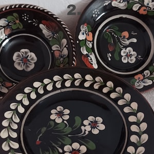 BLACK And WHITE HANDPAINTED  Wall Plates - Pottery Folk Ceramic-  Hungarian Arts & Crafts- Authentic  Rustic Cottage Decor-  with flowers