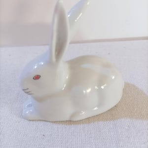WHITE BUNNY RABBIT  3.11&quot; Vintage Art Deco Hungarian Rabbit Figure- Porcelain Animal -Hollohaza Hungary-  Stamped Artwork- Hand Painted