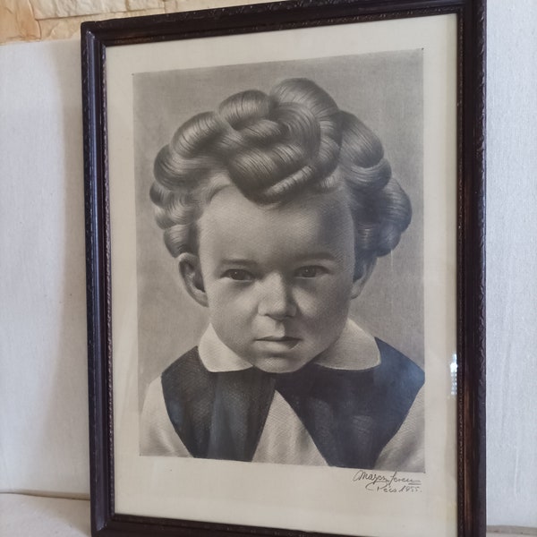 Portrait of  a Child - 17 3/4 X 13"  Daredevil--Little Crazy- Wild one- Vintage Etching Paper Technique -Framed Wall Art-Etching head