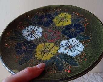 FLORAL CERAMIC Plate 11" Vintage Majolica Decorative Handpainted Wall Hanging- Heavy Farmhouse Plate-Blue Raise Floral Pattern