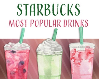 Watercolor Starbucks Drinks - digital printable clip art - 300 dpi PNG, transparent background