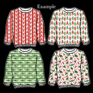 May include: Four different Christmas sweater designs. The first sweater has red and white stripes with a red lobster pattern. The second sweater has a green lobster pattern on a white background. The third sweater has a green alligator pattern on a white and green striped background. The fourth sweater has a green alligator pattern, red lobster pattern, and red holly berry pattern on a white background.