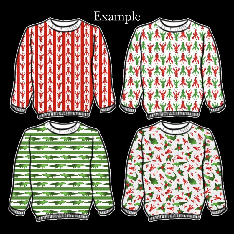May include: Four different Christmas sweater designs. The first sweater has red and white stripes with a red lobster pattern. The second sweater has a green lobster pattern on a white background. The third sweater has a green alligator pattern on a white and green striped background. The fourth sweater has a green alligator pattern, red lobster pattern, and red holly berry pattern on a white background.