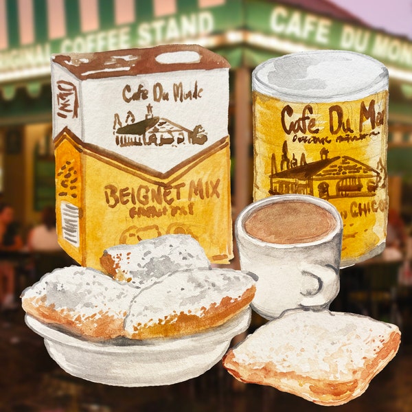 Cafe Du Monde Watercolor Clip Art Illustrations - Digital, Printable, Transparent PNGS with 300 DPI