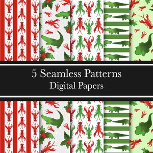 May include: Five seamless digital paper patterns featuring red and green watercolor illustrations of crawfish, alligators, and holly berries. The patterns are on a white, green, and red striped background.